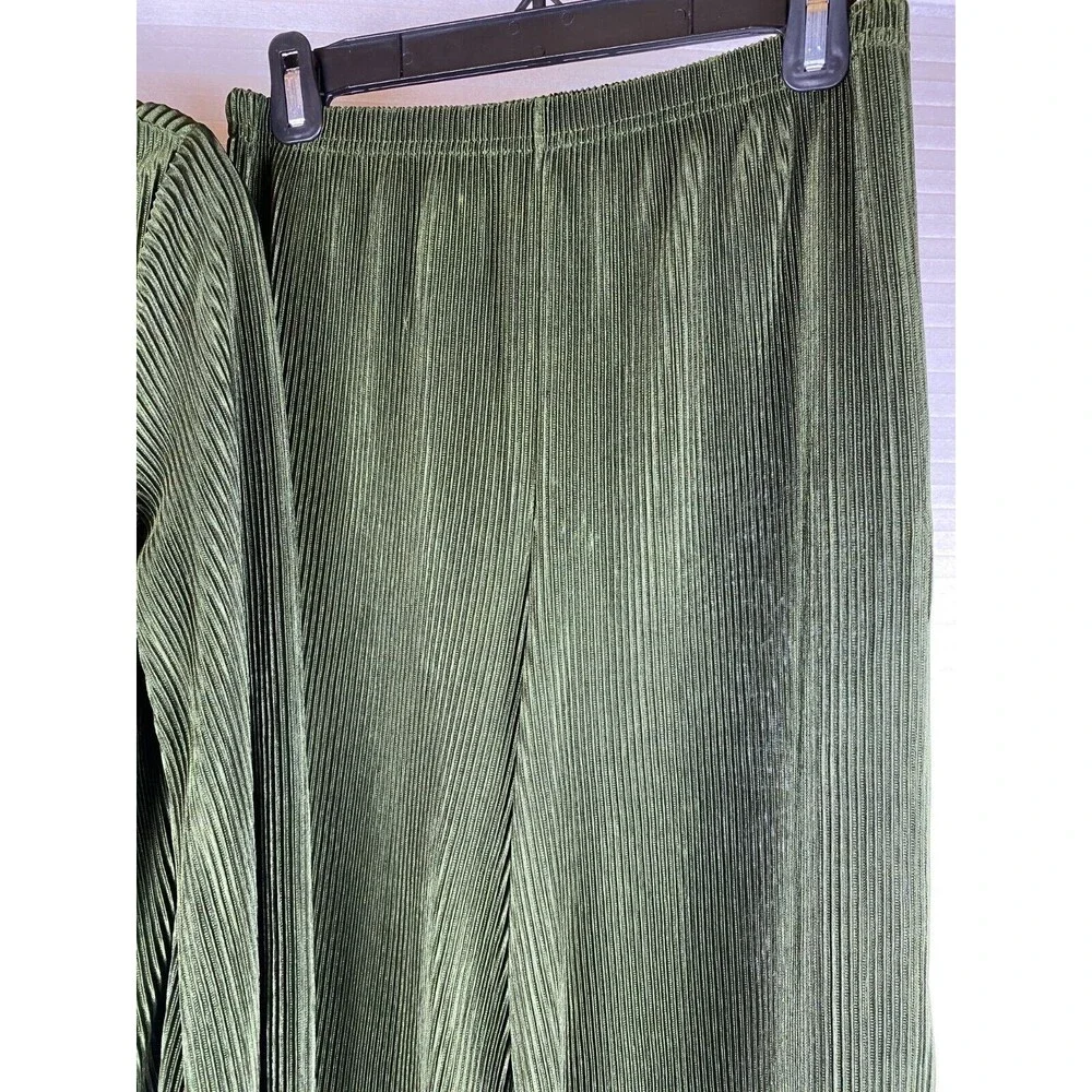 Say Anything 2pc Top Pants Sz M Olive Green Ribbed Long Sleeve Button Down Sheer - Picture 6 of 14